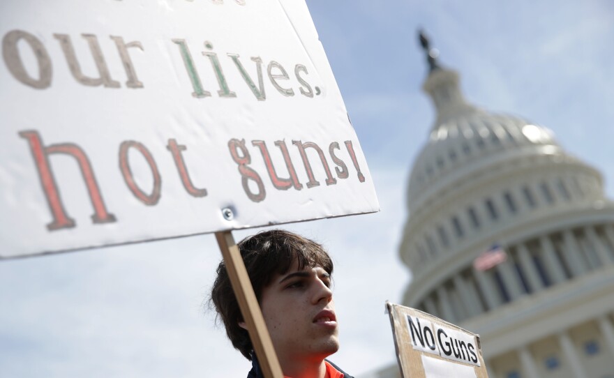 A high school student participates in a gun control rally in front of the U.S. Capitol in March. The U.S. House is taking up gun control measures after recent mass shootings, but it's not clear what the Senate or President Trump will accept.