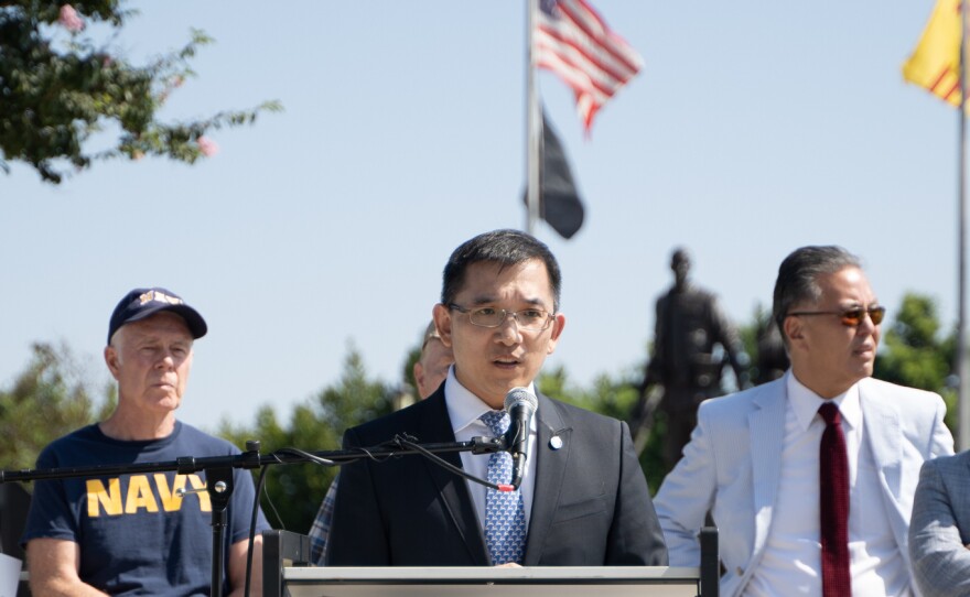 Chen speaks at a veterans' event for his campaign. A member of the U.S. Navy Reserves, he has been emphasizing his military credentials to more moderate and conservative Asian Americans — and how he cares about their homeland politics.