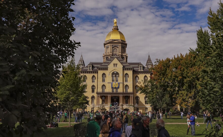 The University of Notre Dame, pictured in Sept. 2018, is one of two universities announcing a step back from in-person learning on Tuesday. It is going remote for two weeks, while Michigan State University will be online-only for the fall semester.