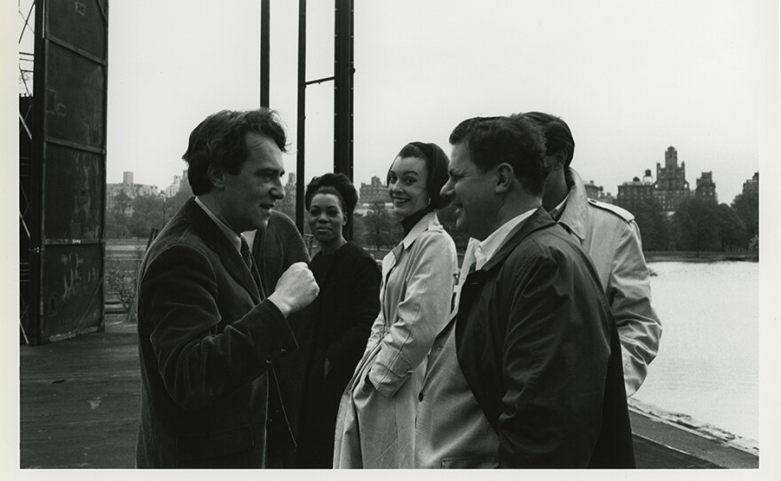 George C. Scott, Joseph Papp with Charles Durning and two women Delacorte Theatre. "The Merchant of Venice," 1962.