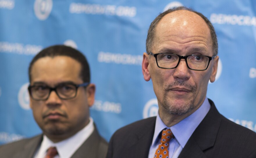 Newly-elected Democratic National Committee Chairman Tom Perez, right, and Rep. Keith Ellison, D-Minn., who was named deputy chairman at the DNC winter meeting in Atlanta, Saturday, Feb. 25, 2017.