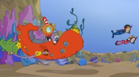 Sally, Nick, and the Cat in the Hat (in his Thinga-ma-jigger) all shrink down to explore a tide pool.