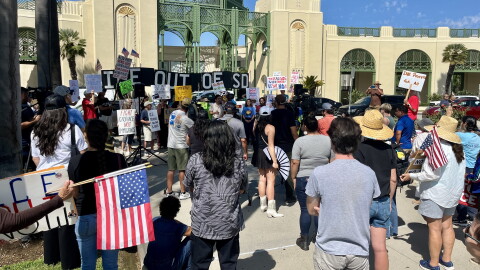 Protestors gather in front of Escondido City Hall, Sept. 24, 2026.