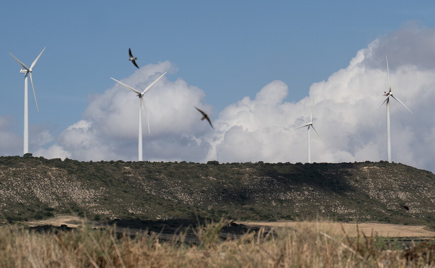 Swallows fly in front of wind turbines near Huesca, Spain, on Sept. 29. The Spanish region of Aragon is seeing a huge surge in data center construction, which has alarmed many local residents due to their high energy use, noise pollution and heat generation.