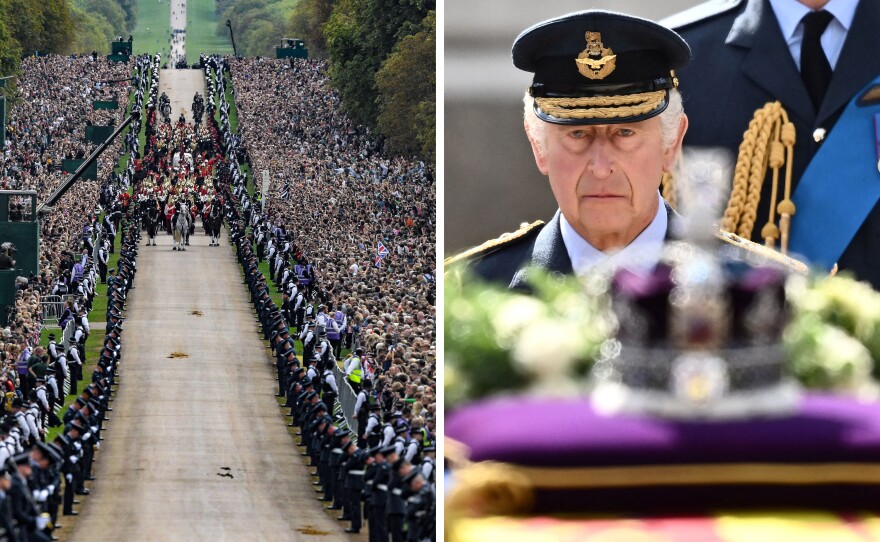 <strong>Left:</strong> The procession following the coffin of Queen Elizabeth II, aboard the State Hearse, travels up The Long Walk in Windsor on Sept. 19. <strong>Right:</strong> Britain's King Charles III walks behind the coffin of Queen Elizabeth II, during a procession from Buckingham Palace to the Palace of Westminster, in London on Sept. 14.