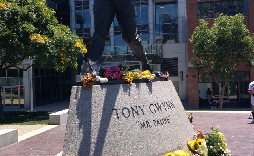 A Tony Gwynn statue beyond the outfield wall at Petco Park became a gathering spot for fans mourning the loss of the Hall of Fame baseball great, June 16, 2014.