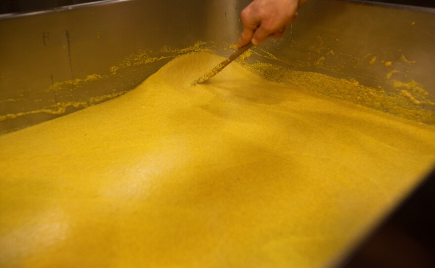 "There's this whole movement of people wanting to make everything from scratch," Koslow says. Restaurant workers prepare their own mustard by the gallon. A batch this size is about enough to last through the weekend crowds.