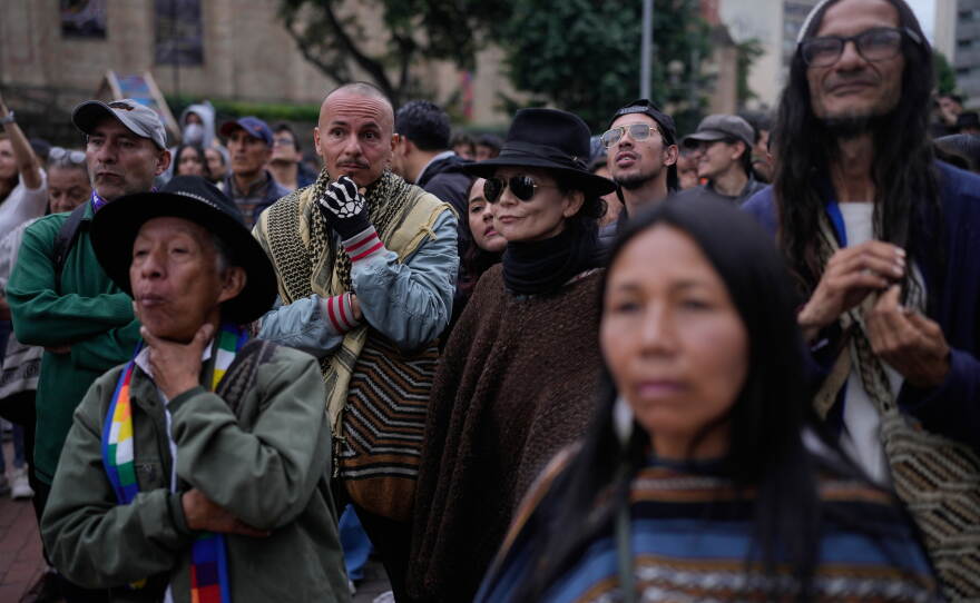 Supporters of presidential candidate Ivan Cepeda of the ruling Historic Pact coalition react as presidential election results are announced in Bogota, Colombia, Sunday, May 31, 2026.