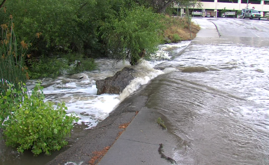 Record rainfall causes flooding in Mission Valley, May 15, 2015.