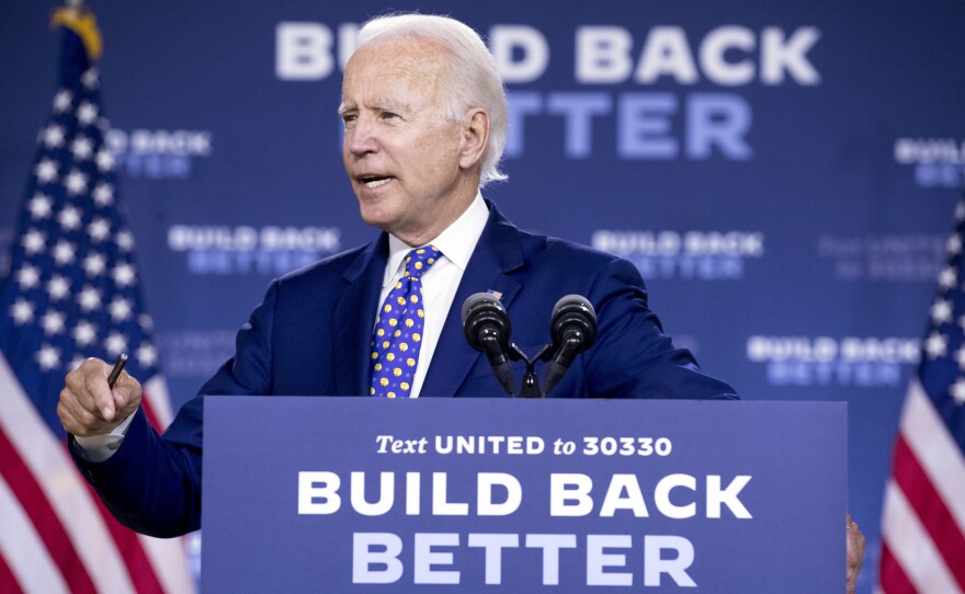 Democratic presidential candidate former Vice President Joe Biden speaks at a campaign event in Wilmington, Del., Tuesday, July 28, 2020.