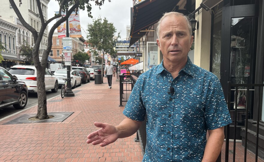 Gaslamp Quarter Association president Michael Trimble speaks on the sidewalk outside of his organization's office, Aug. 15, 2025.
