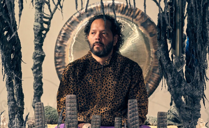 Artist Guadalupe Maravilla photographed in one of the galleries of his show "Tierra Blanca Joven" on view at the Brooklyn Museum.