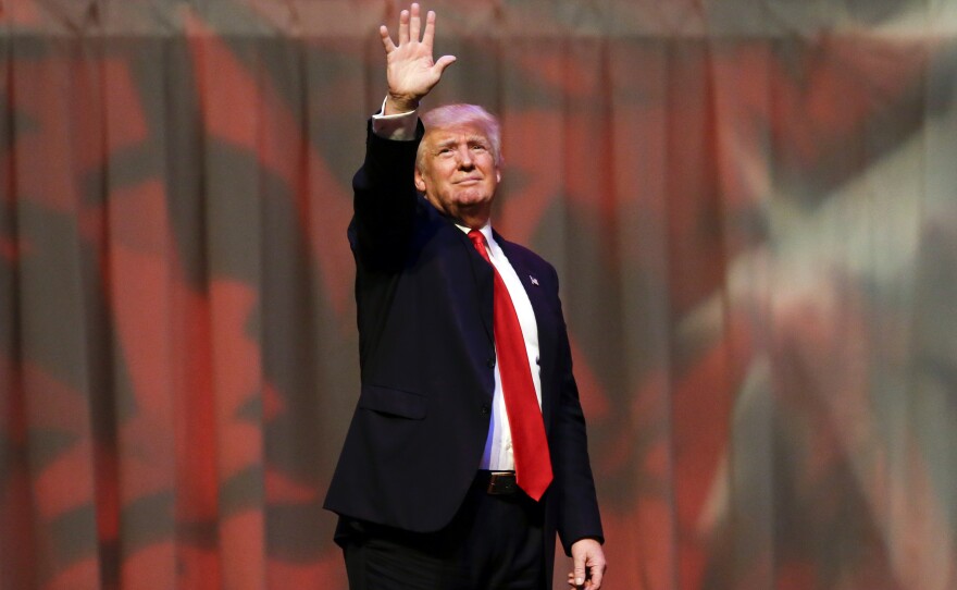 Republican front-runner Donald Trump waves at a rally in Carmel, Ind., Monday.