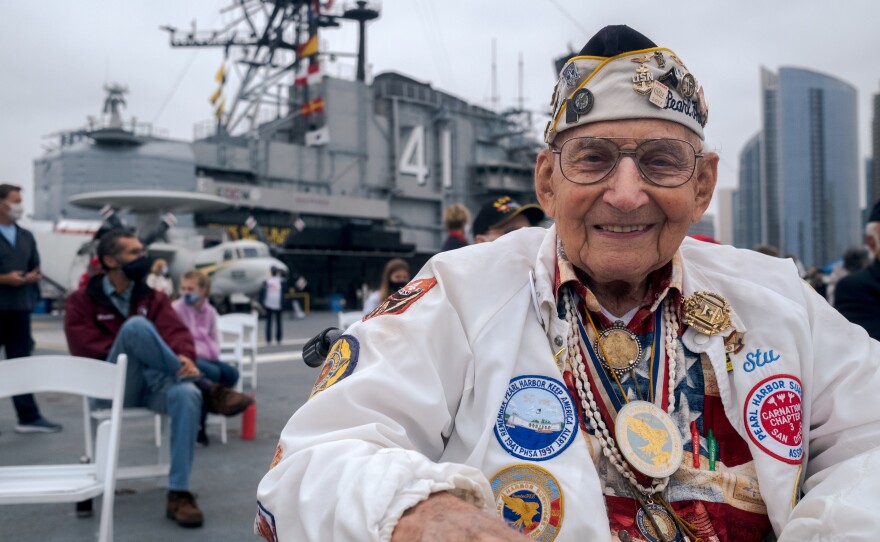 Stu Hedley, President of the Pearl Harbor Survivors Association, at the USS Midway Museum's Memorial Day ceremony on May 31, 2021.
