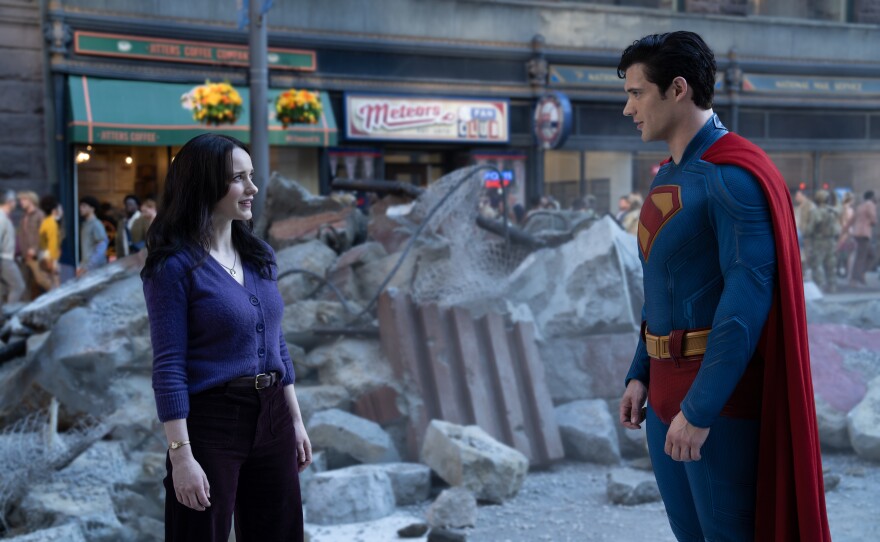 Rachel Brosnahan as Lois Lane and David Corenswet as Superman in James Gunn's "Superman." (2025)