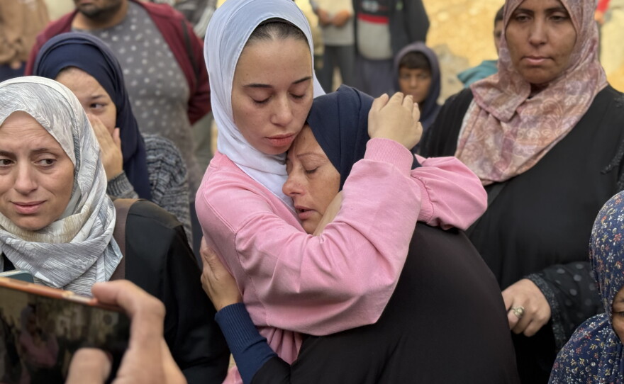 A Palestinian mother mourns her son, who was killed in an Israeli airstrike just over a month into the ceasefire, at Al-Shifa Hospital, in Gaza City, on Nov. 20, 2025.