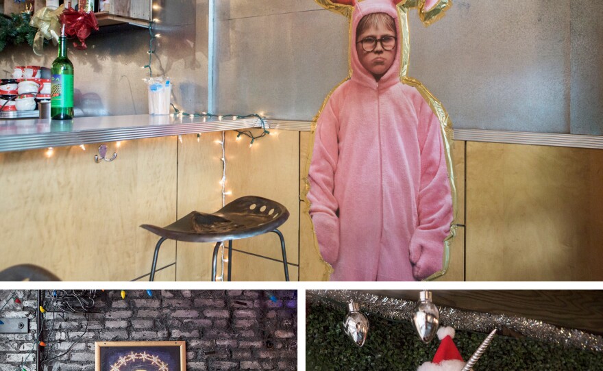 The decor at Miracle on Seventh Street is full-on holiday kitsch, including images of Ralphie from the classic movie A Christmas Story, Barb from the Netflix show Stranger Things and a narwhal wearing a Santa hat.