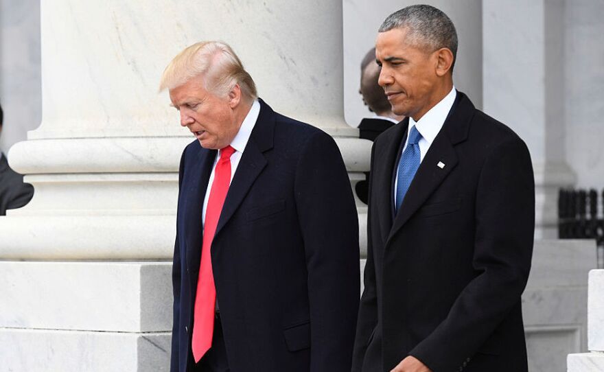 President Trump and former President Barack Obama walk out prior to Obama's departure during the 2017 presidential inauguration.
