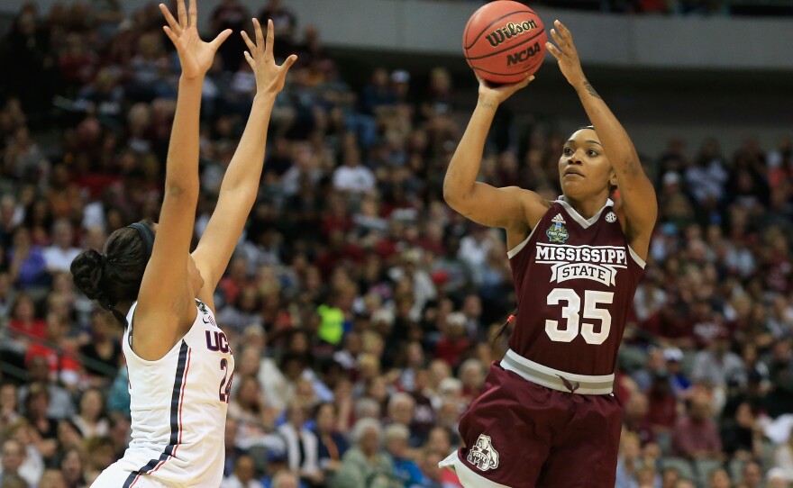 Mississippi State leading scorer Victoria Vivians shoots against Napheesa Collier of Connecticut in Friday night's NCAA tournament semifinal.