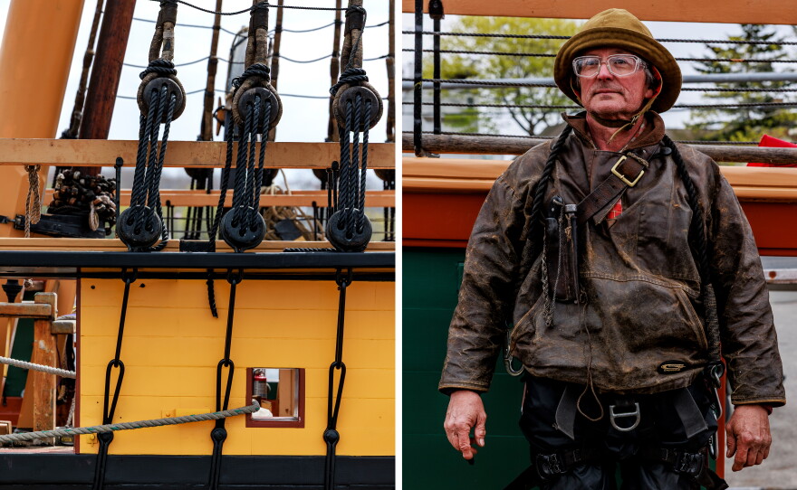 Left: Each summer, the ship serves as both a sail-training vessel for teenagers and a goodwill ambassador on the Great Lakes. Right: Hernández-Juviel trained as a biologist, but took a class on rigging 20 years ago and eventually found his niche specializing in traditional ships.