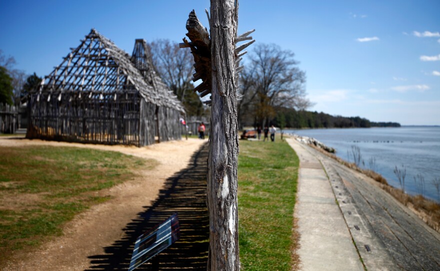 A re-created section of the fort wall in the English colony of Jamestown, Va., sits on top of the original post holes. The fort was thought to have been lost to the James River, but was rediscovered by excavations that began in 1994. Since then, approximately 2 million artifacts have been recovered.