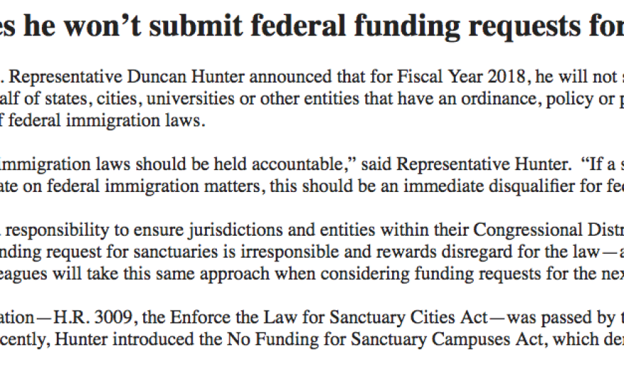 Rep. Duncan Hunter, R-Alpine, released this statement, Feb. 9, 2017.