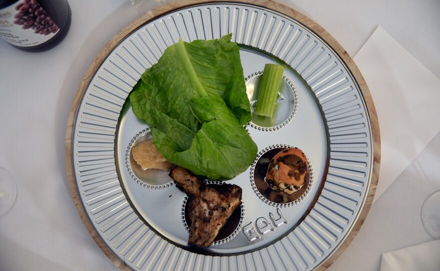 A traditional Seder plate for Passover at the European Jewish Community Centre in Brussels, Belgium.