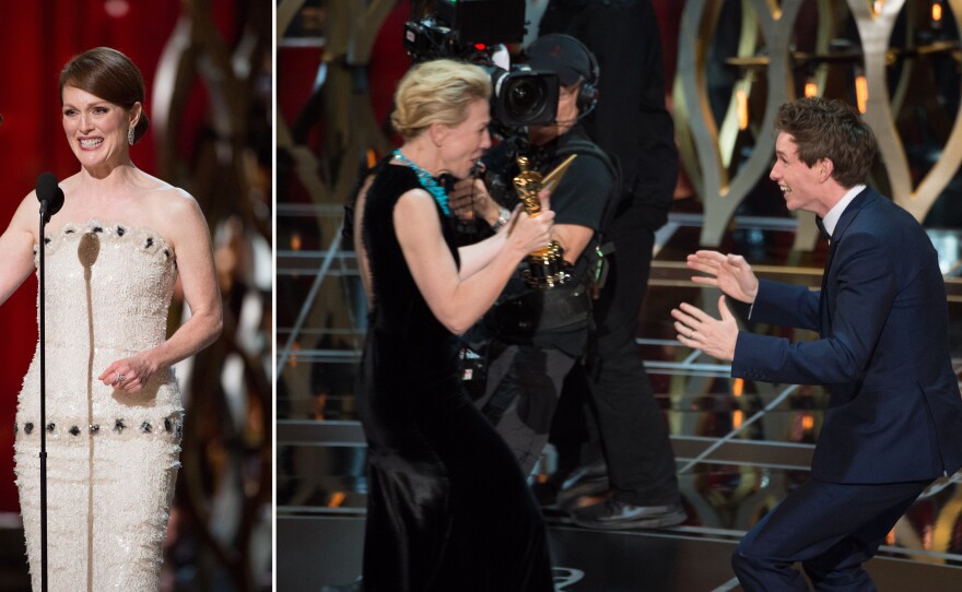 Julianne Moore won for Best Actress for "Still Alice," left; Eddie Redmayne seemed surprised and excited to pick up an award for Best Actor for "The Theory of Everything," right, at the 87th annual Academy Awards, Feb. 22, 2015.