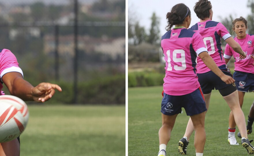 (Left) Bui Baravilala makes a pass during practice. (Right) The team exercises together.