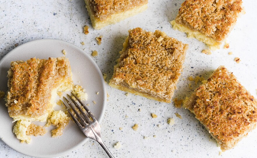 Danish Dream Cake with a buttery coconut-brown sugar topping that caramelizes under the broiler.