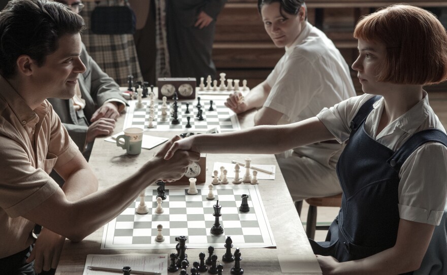 Beth (Anya Taylor-Joy) destroys an opponent (Jacob Fortune-Lloyd) in the Netflix chess drama, <em>The Queen's Gambit.</em>