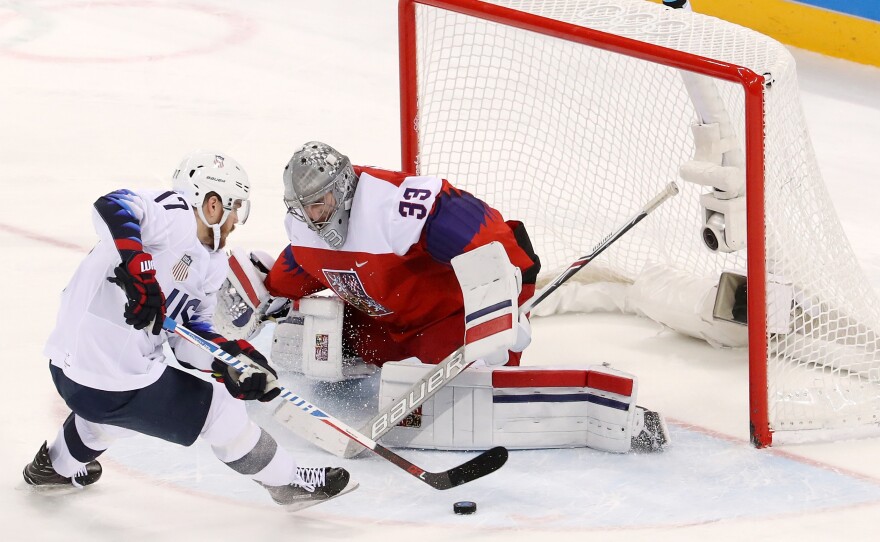 Chris Bourque of the United States misses a shot on Czech goalie Pavel Francouz in a penalty shootout that ended their quarterfinals match at the Pyeongchang Winter Olympics. The Czech Republic won, 3-2.