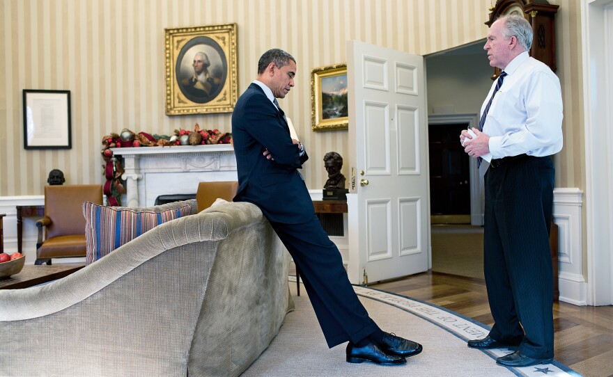 Obama learns of the Sandy Hook Elementary School shooting from Homeland Security Adviser John Brennan on Dec. 14, 2012.