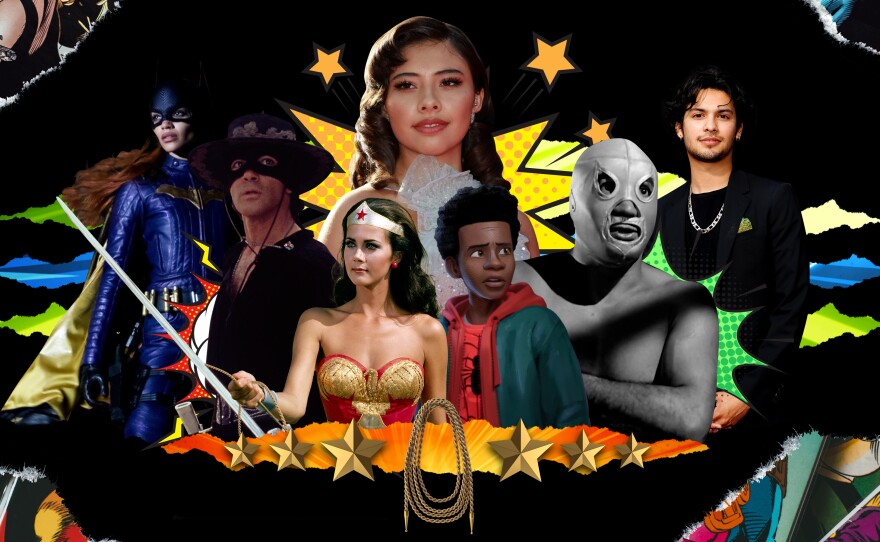 Leslie Grace (left), Antonio Banderas, Lynda Carter, Xochitl Gomez, Miles Morales (voiced by Shameik Moore), El Santo and Xolo Maridueña have played or are in production to play superheroes.