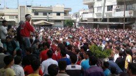 Syrian anti-government protesters demonstrate in Banias on April 29, the "Day of Rage" called by activists to pile pressure on President Bashar Assad as his regime enacted a violent crackdown on dissent.