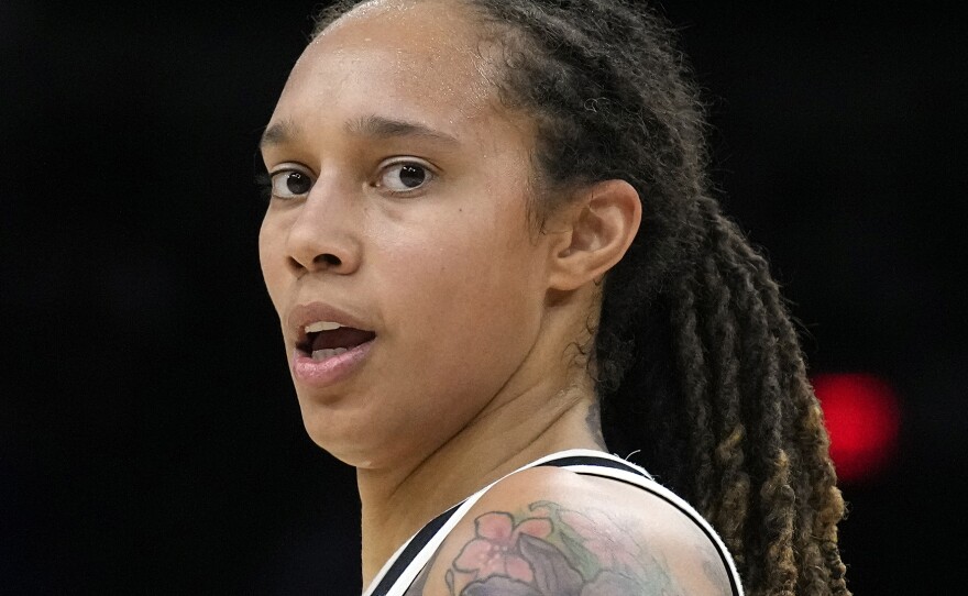 Phoenix Mercury center Brittney Griner during Game 2 of the WNBA Finals against the Chicago Sky on Oct. 13, 2021.  The State Department says it now regards Griner as wrongfully detained, a change in classification that suggests the U.S. government will be more active in trying to secure her release.