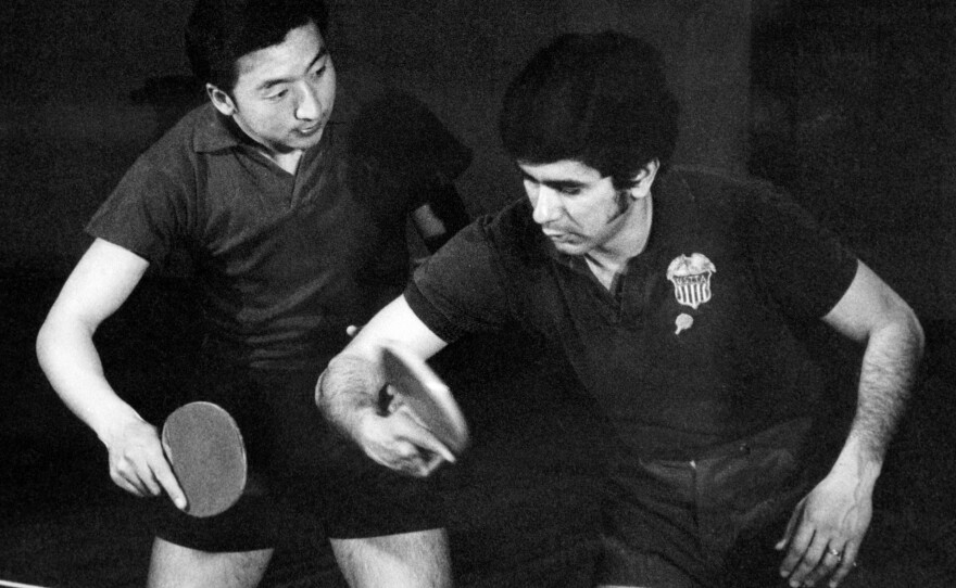 Chinese and U.S. table tennis players train together in April 1971 in Beijing. April 10 marked the 50th anniversary of what became known as pingpong diplomacy between the two nation.