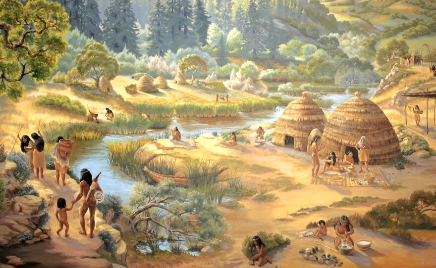 Artwork depicting a Tribe. "Time Has Many Voices: The Excavation of a Muwekma Ohlone Village" reveals he untold story of the Muwekma Ohlone Tribe.