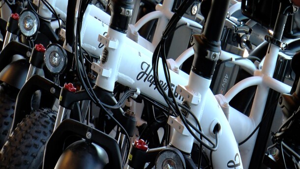 E-bikes lined-up at Happy EBIKES in Encinitas, Feb 1st, 2023.