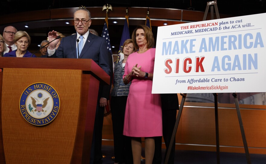 Senate Minority Leader Chuck Schumer, joined by fellow congressional Democrats, brands what Republicans are trying to do when it comes to health care as "Make America Sick Again."
