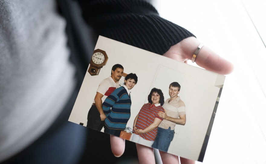 A 1985 photo of Kimberly Hobson (left) pregnant with her daughter, Heather. Kimberly is photographed alongside her husband, Larry Hobson, as well as relatives who were also expecting.