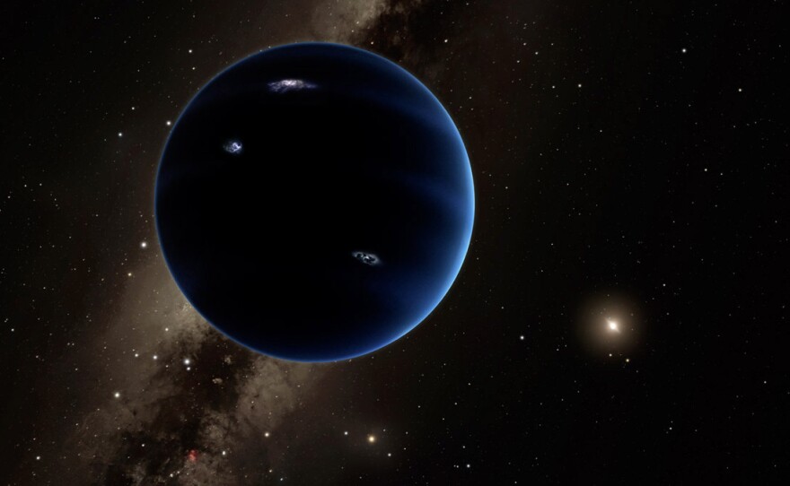 The imagined view from "planet nine" back toward the sun. Astronomers think the huge, distant planet is likely gaseous, similar to Uranus and Neptune.