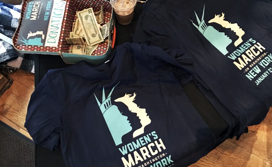 Organizers in New York City collected donations and sold T-shirts for the Women's March on Washington.