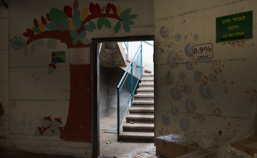 A stairwell leads upward from an underground hallway at Galilee Medical Center in Nahariya.