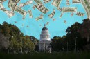 An undated illustration shows money falling with the California State Capitol building in the background. 