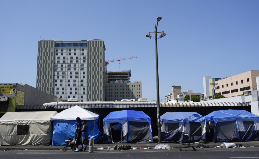 Tents are lined up on Skid Row Thursday, July 25, 2024, in Los Angeles.