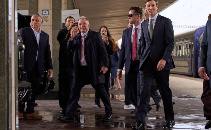 U.S. President Donald Trump's envoys Steve Witkoff, center, and Jared Kushner, right, arrive in Kyiv, Ukraine, Sunday, Sept. 6, 2026.