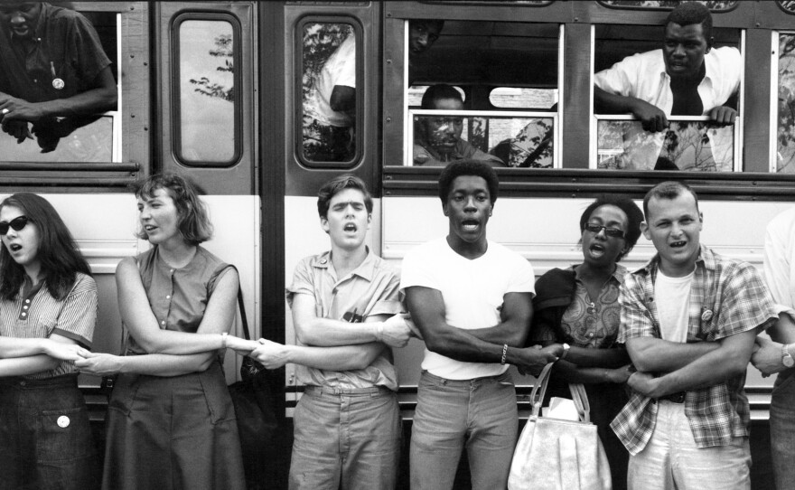 Freedom Summer activists sing before leaving training sessions at Western College for Women in Oxford, Ohio, for Mississippi in June 1964.