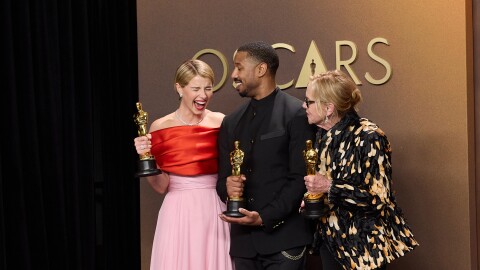 Jessie Buckley, Michael B. Jordan and Amy Madigan pose backstage with the Oscar® for Actor in a Leading Role during the 98th Oscars® at Dolby® Theatre at Ovation Hollywood on Sunday, March 15, 2026.