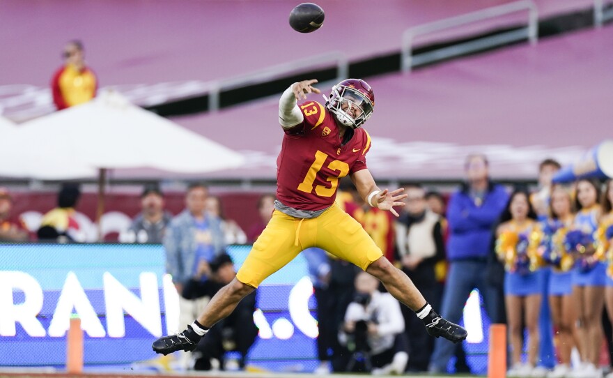 Southern California quarterback Caleb Williams throws a pass during the second half of the team's college football game against UCLA on Nov. 18, 2023, in Los Angeles.